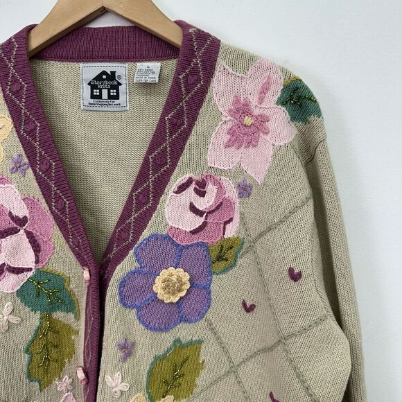 Storybook Knits Women’s Beaded Hand Knit Floral Argyle Flower Button Tan Cardiga - Picture 10 of 11